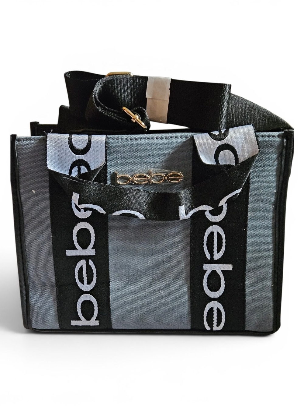bebe Gray and Black Logo Canvas Messenger Bag with‎ Gold Accent